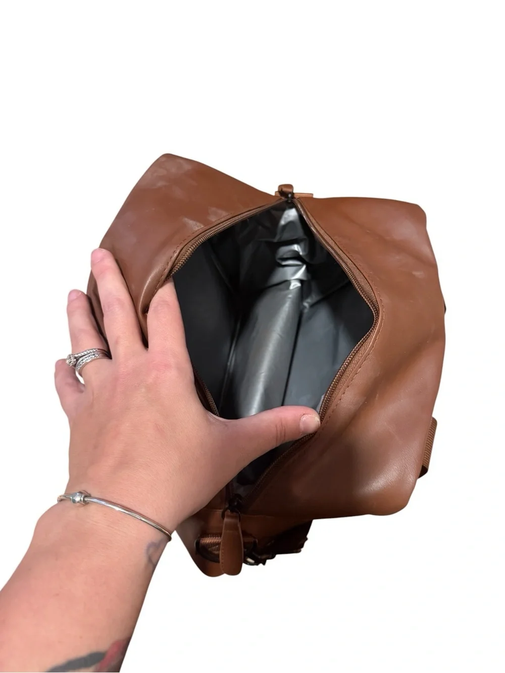 Minimalist Tan Leather Messenger insulated lunchBag with Adjustable Strap